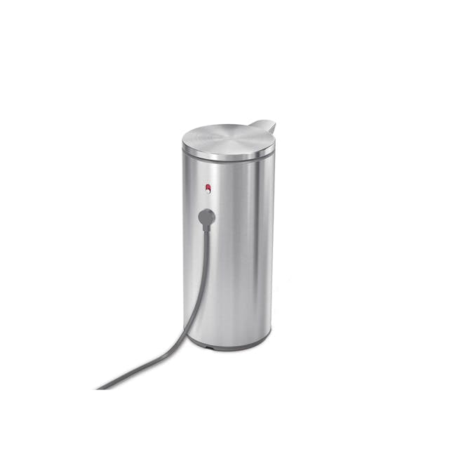 simplehuman 9oz Sensor Pump - Brushed - 4 - Silver cylindrical device, sleek design, metallic finish, control knob, red
