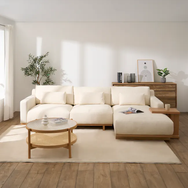 Miu L-Shaped Lounge Sofa - 3 - Minimalist living room, modern furniture, neutral color palette, cozy atmosphere, white