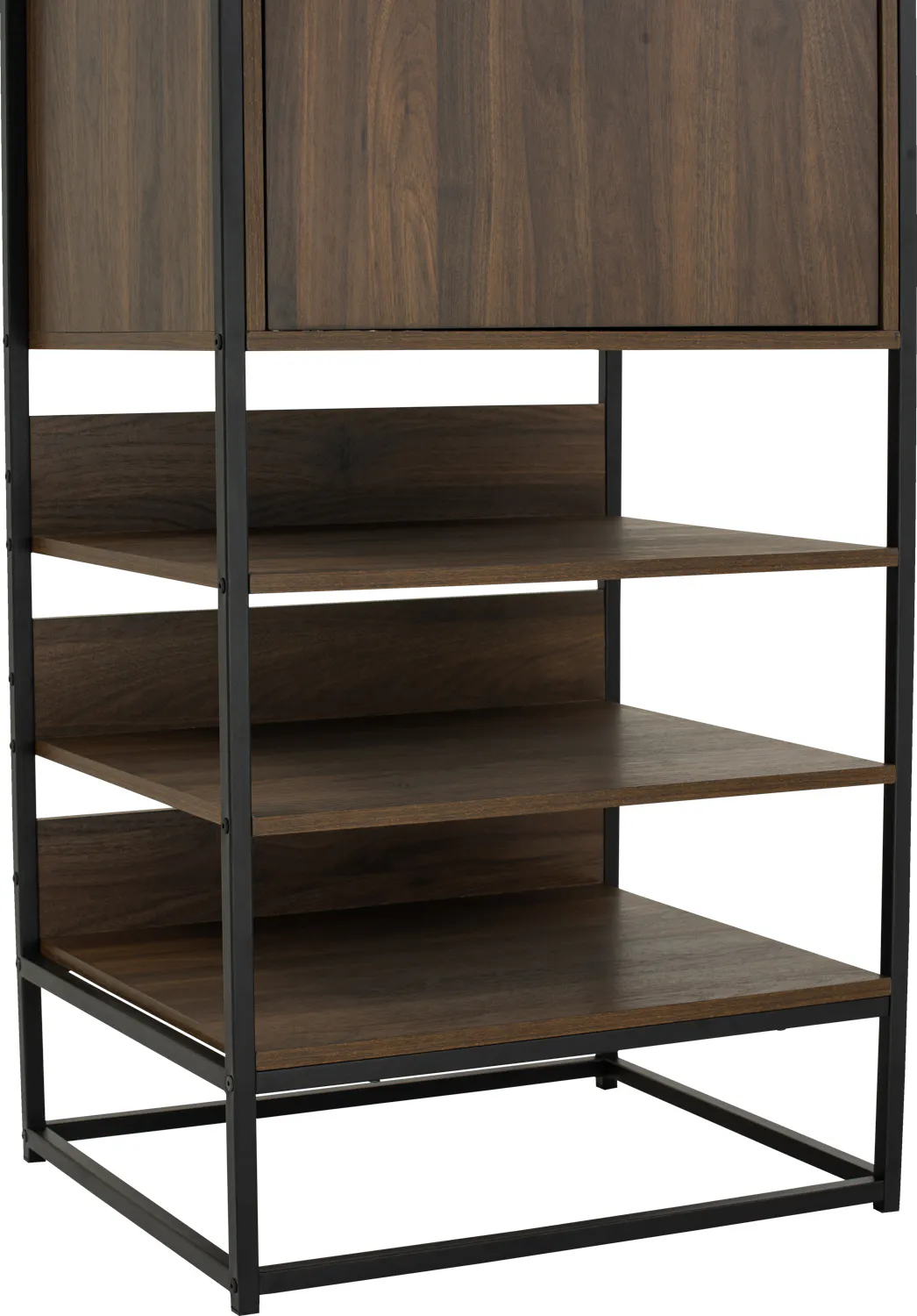 Capri Wardrobe Shelf Cabinet - 16 - Wooden shelf with metal frame, minimalist design, dark wood finish, three shelves