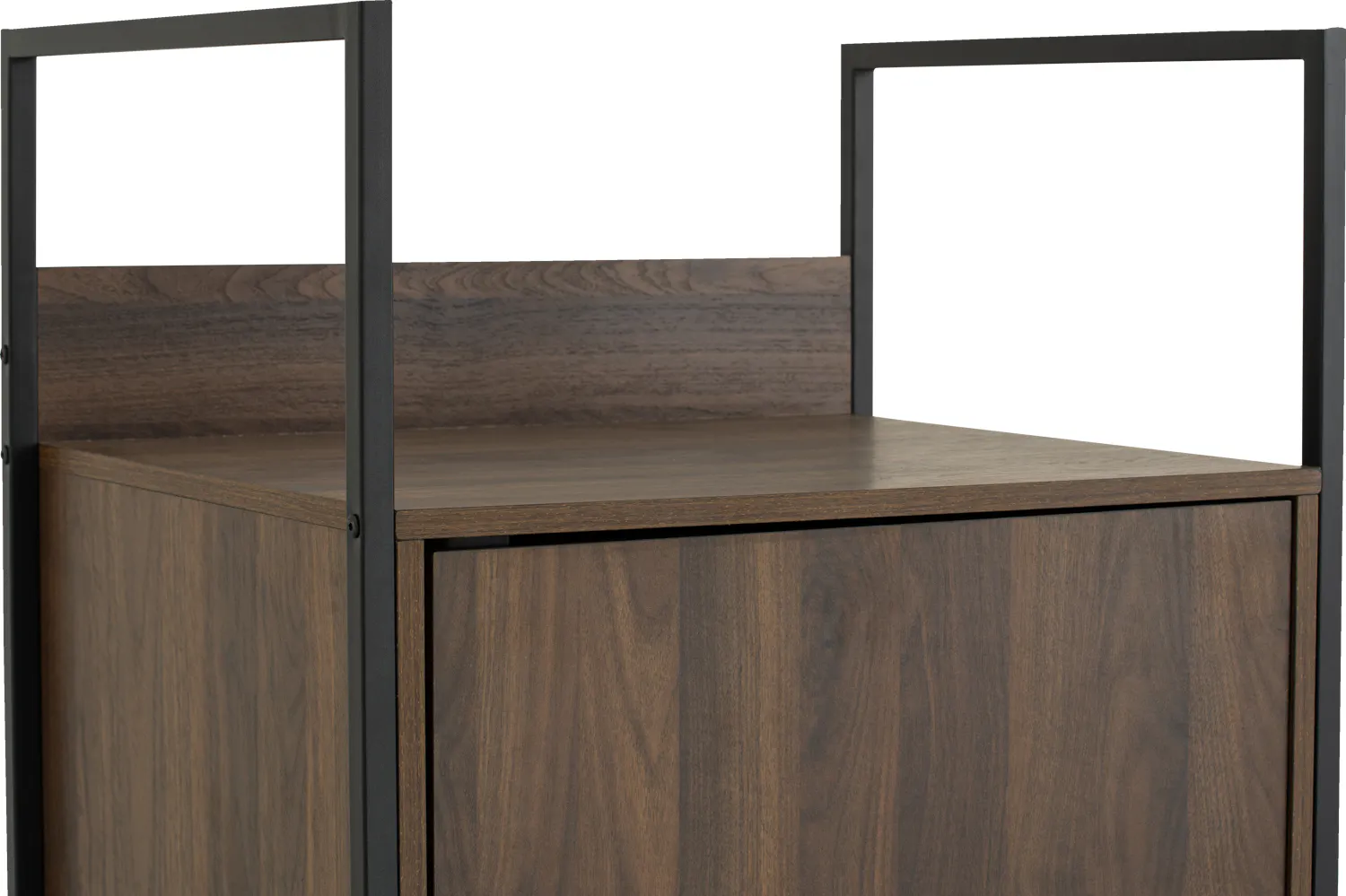 Capri Wardrobe Shelf Cabinet - 10 - Wooden cabinet with black metal frame, minimalist design, dark wood finish, sleek lines