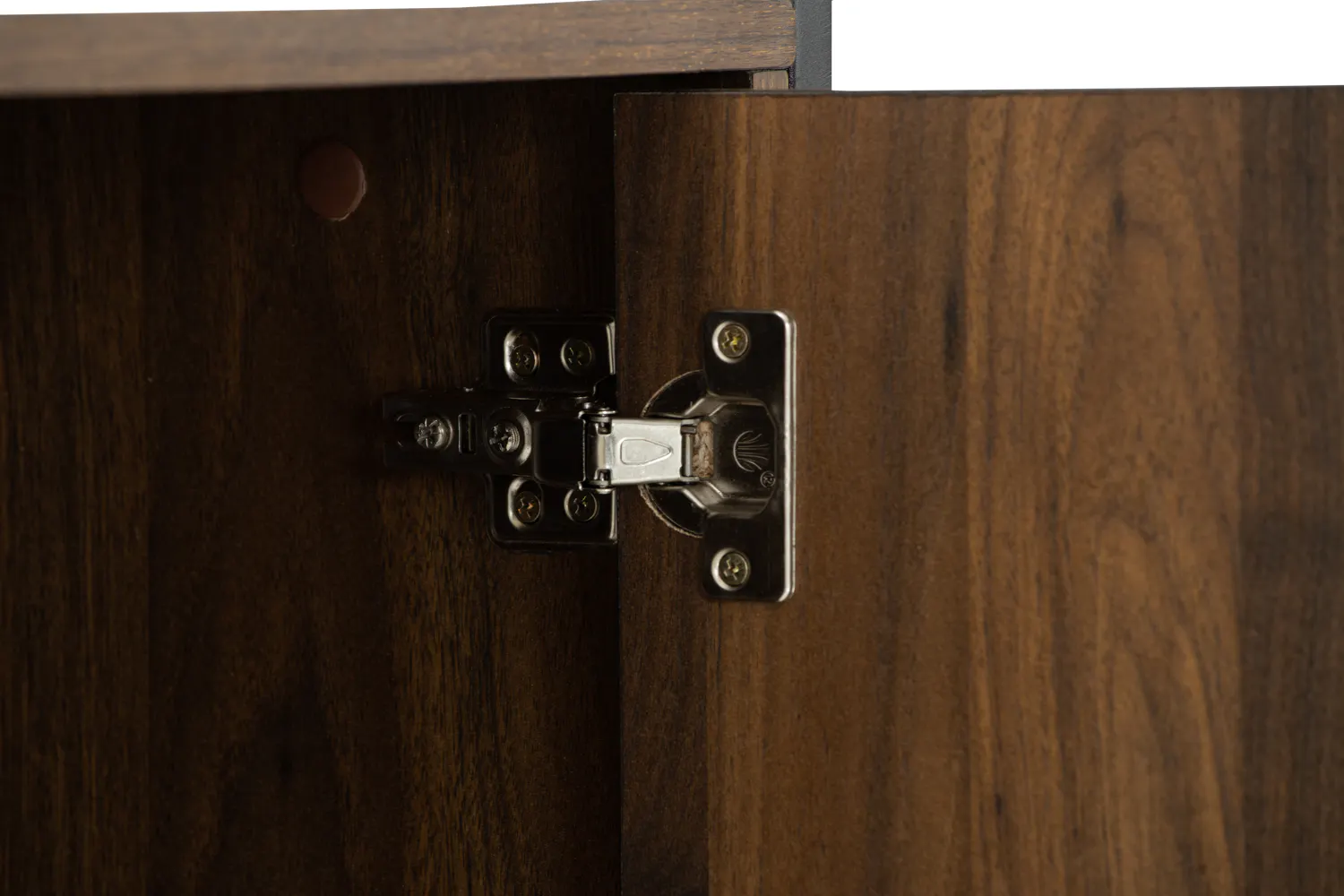 Capri Wardrobe Shelf Cabinet - 13 - Wooden cabinet door, metal hinge, wooden texture, dark wood finish, cabinet hardware