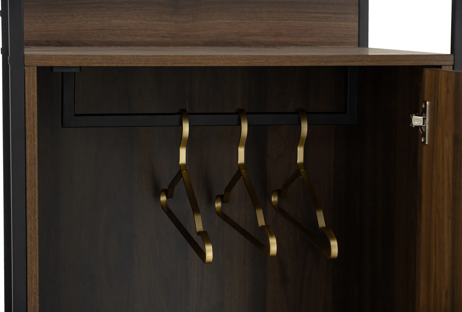 Capri Wardrobe Shelf Cabinet - 12 - Wooden wardrobe with gold hangers, dark wood interior, open wardrobe door, metallic