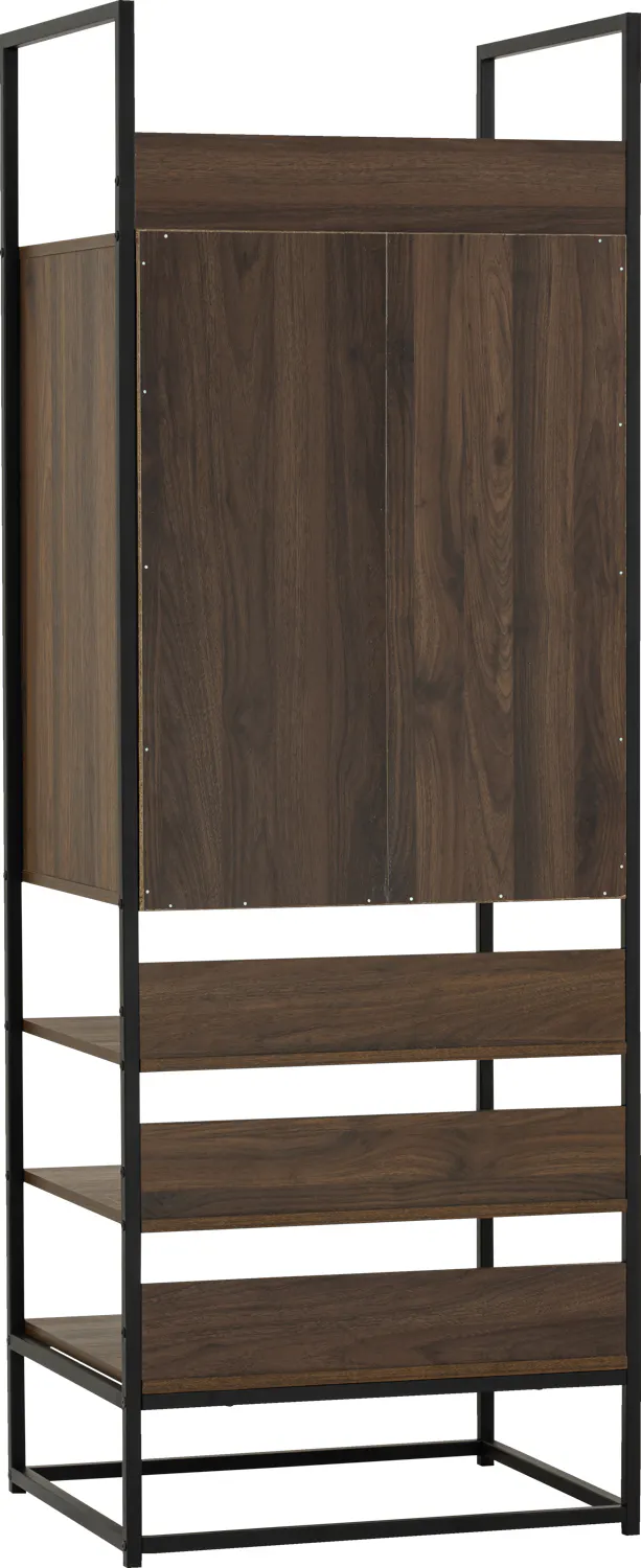Capri Wardrobe Shelf Cabinet - 9 - Wooden shelf with metal frame, minimalist design, dark wood paneling, horizontal slats
