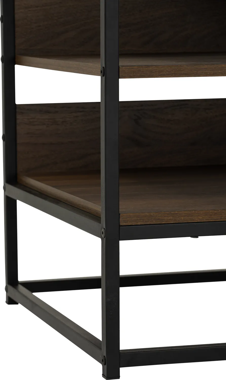Capri Wardrobe Shelf Cabinet - 18 - Wooden shelf with metal frame, minimalist design, dark wood top, black metal legs, open