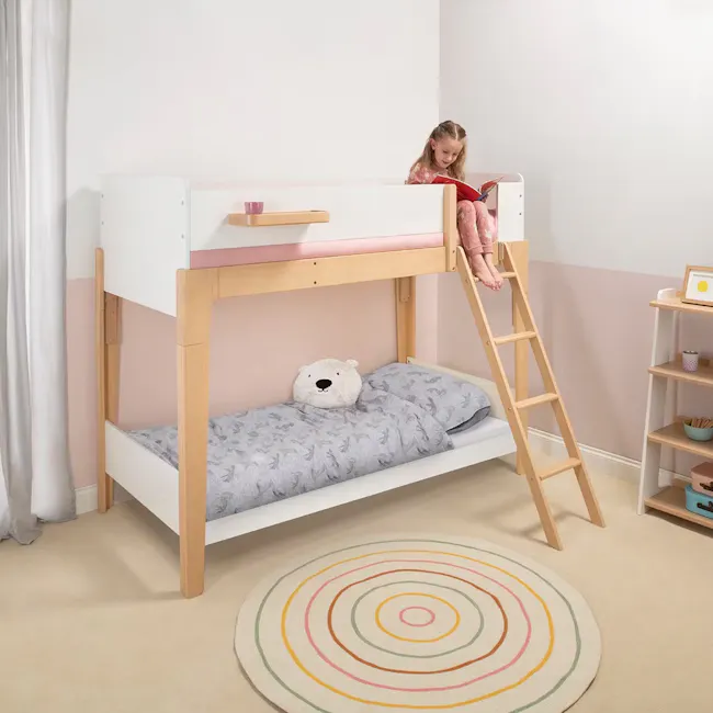 Boori Single Bed Pocket Spring Mattress - 5 - Children's bedroom with bunk bed, wooden ladder, pink and white color scheme
