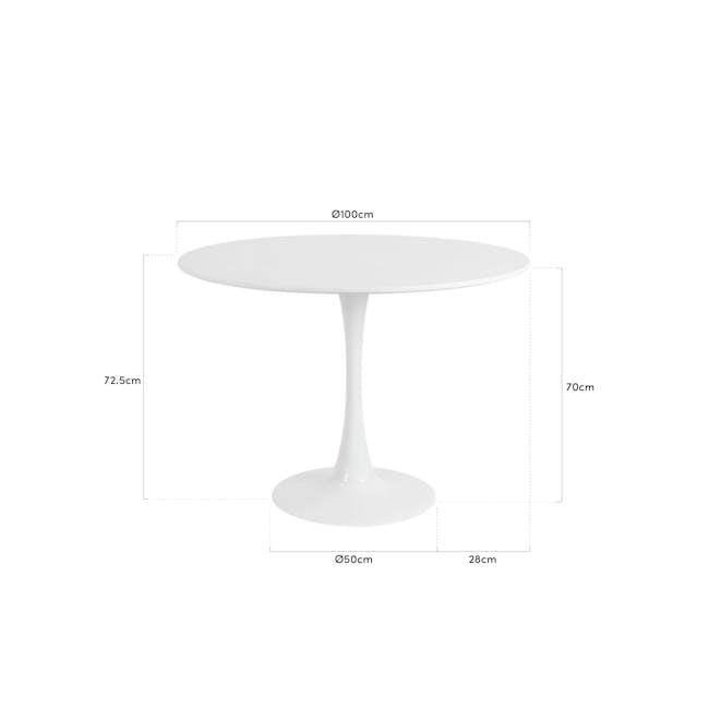 Carmen Round Dining Table 1m - White - 10 - Round table, white design, 100 cm diameter, 70 cm height, 5 cm wide, 50 cm base