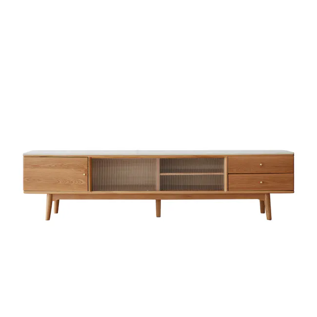Aster TV Console 2m - Oak (Sintered Stone) - 1 - Wooden sideboard, minimalist design, natural wood finish, horizontal slat