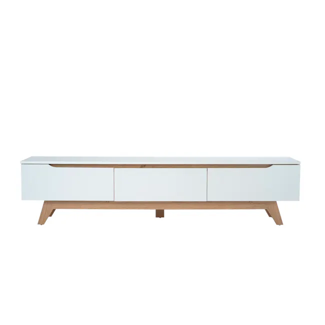 Miah TV Console 1.8m - Natural, White - 1 - White minimalist console table, light wood legs, sleek design, contemporary