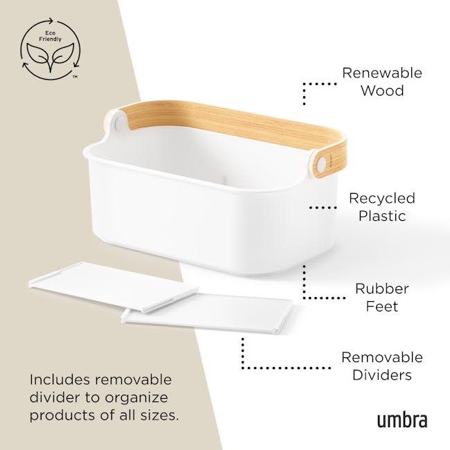 Bellwood Medium Storage Organiser - White, Natural - 6 - Renewable Wood, Recycled Plastic, Rubber Feet, Removable Dividers