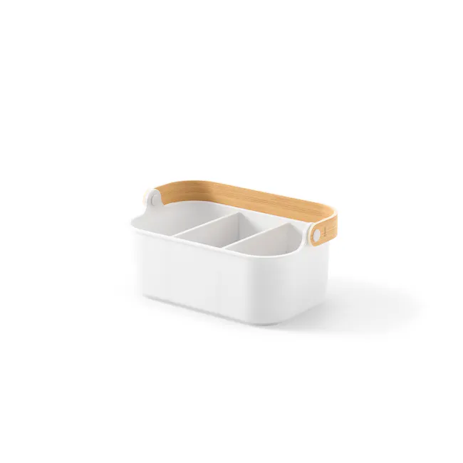 Bellwood Medium Storage Organiser - White, Natural - 11 - White kitchen storage bin, minimalist design, wooden handle, three