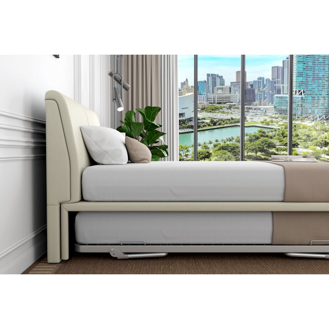 Excel Super Single Trundle Bed - Cream (Faux Leather) - 8 - Modern bedroom with beige upholstered headboard, white and beige
