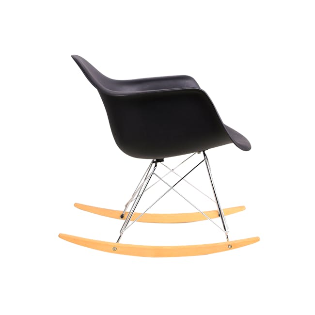 Klaus Rocking Chair - Black - 4 - Modern black chair with sleek design, chrome legs and wooden base, geometric background