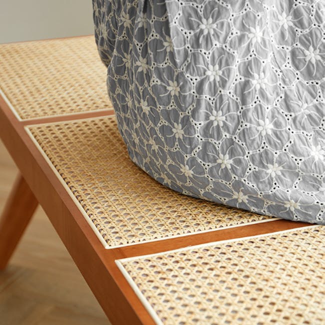 Alton Rattan Square Stool - Honey Oak - 5 - Patterned bedspread, woven bench, light gray and white floral design, soft