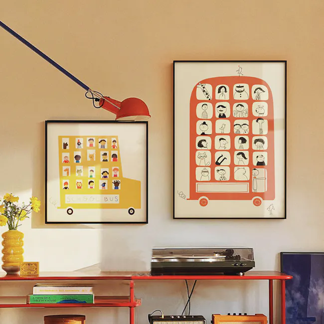 Whimsy on Wheels Framed Canvas 40 x 60 cm - 7 - Two framed artwork featuring cartoonish children and buses, Yellow school