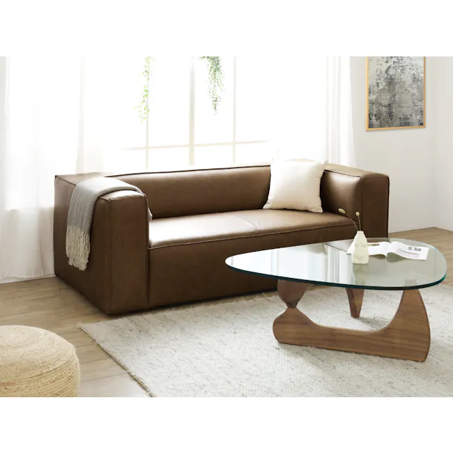 Pothos Vine Plant - 4 - Bright room with large window, white curtains, brown leather sofa, white pillow, gray throw blanket