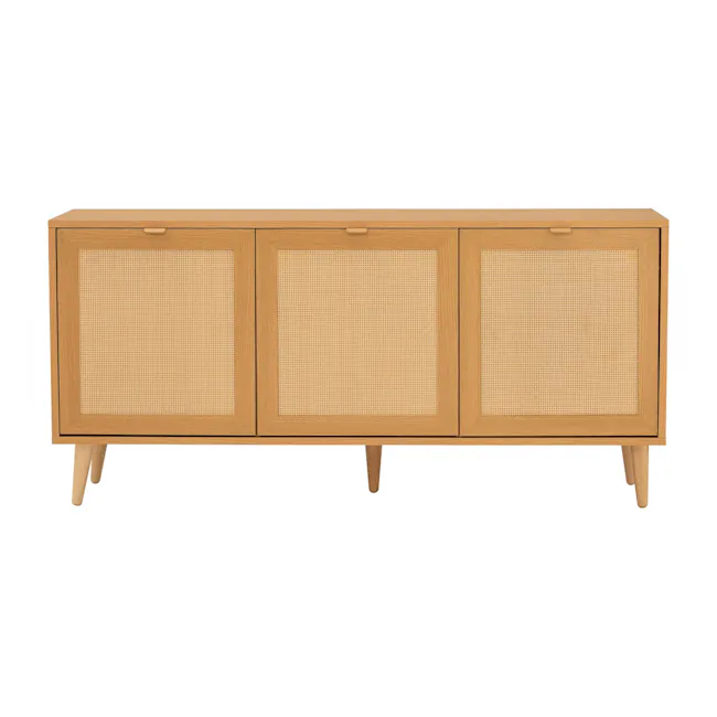 Dayne Rattan Sideboard 1.5m - 15 - Wooden sideboard, light wood finish, three drawers, woven screen, minimalist design
