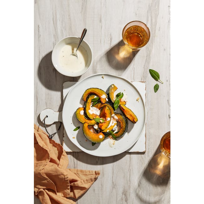 Luzerne Ripple 11cm Dish - White Dew - 3 - White plate with grilled zucchini topped with cream, garnished with basil leaves