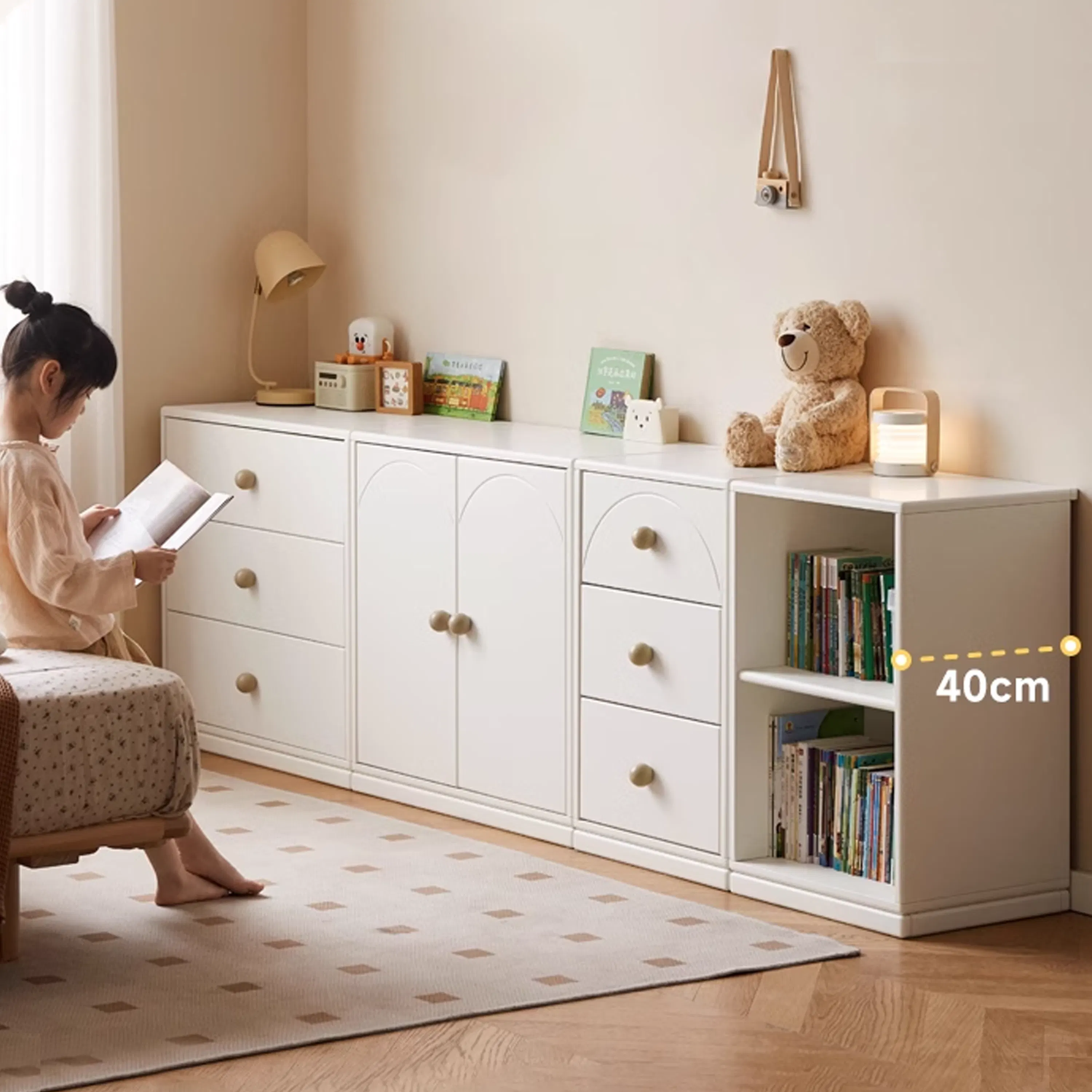 Mika Kids 2 Tier Open Shelf - 10 - child reading book, cozy room, girl sitting, indoor setting, child's room, child's