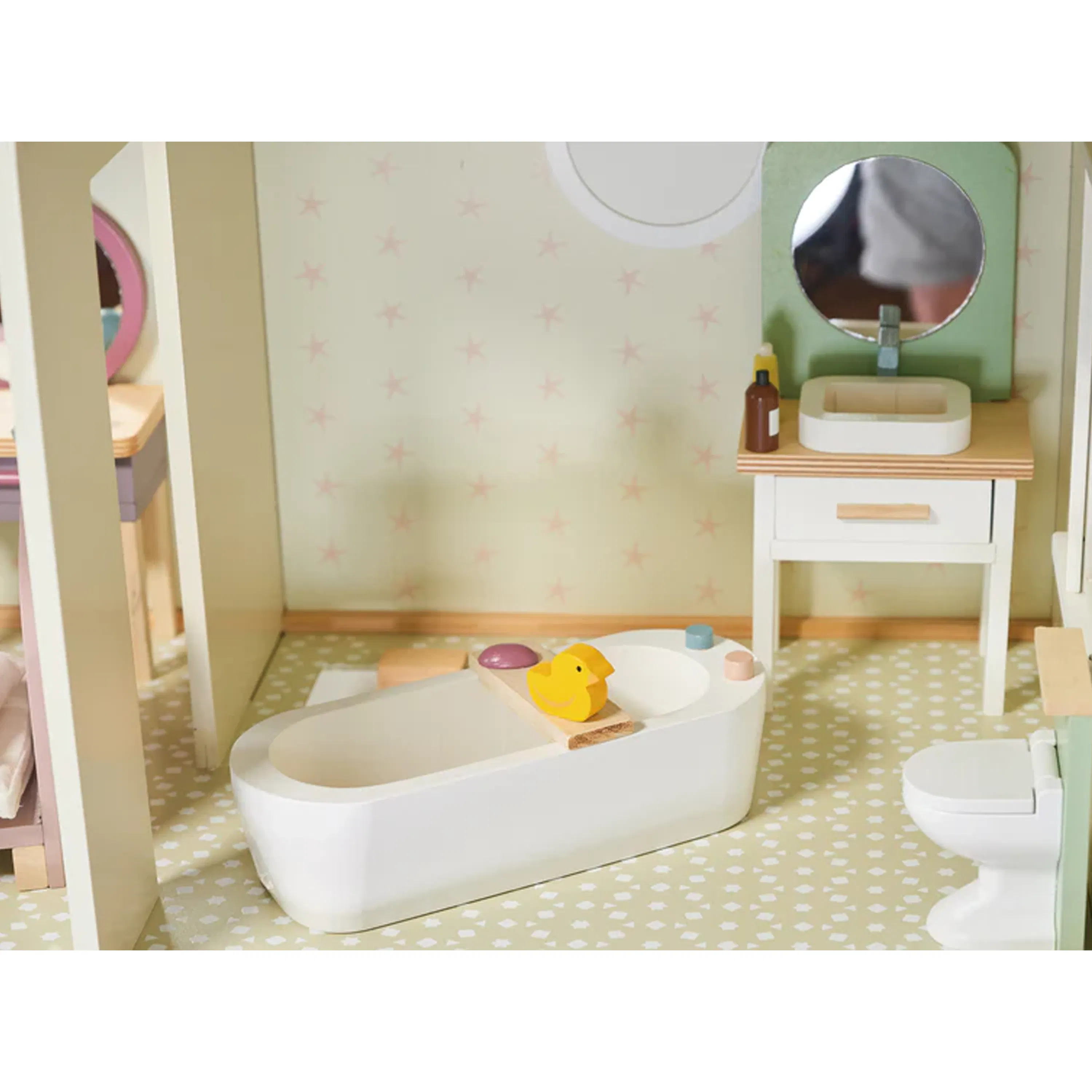 Tender Leaf Mulberry Mansions - 9 - dollhouse bathroom, toy bathtub, white vanity, mirror, sink, toilet, play area, child's