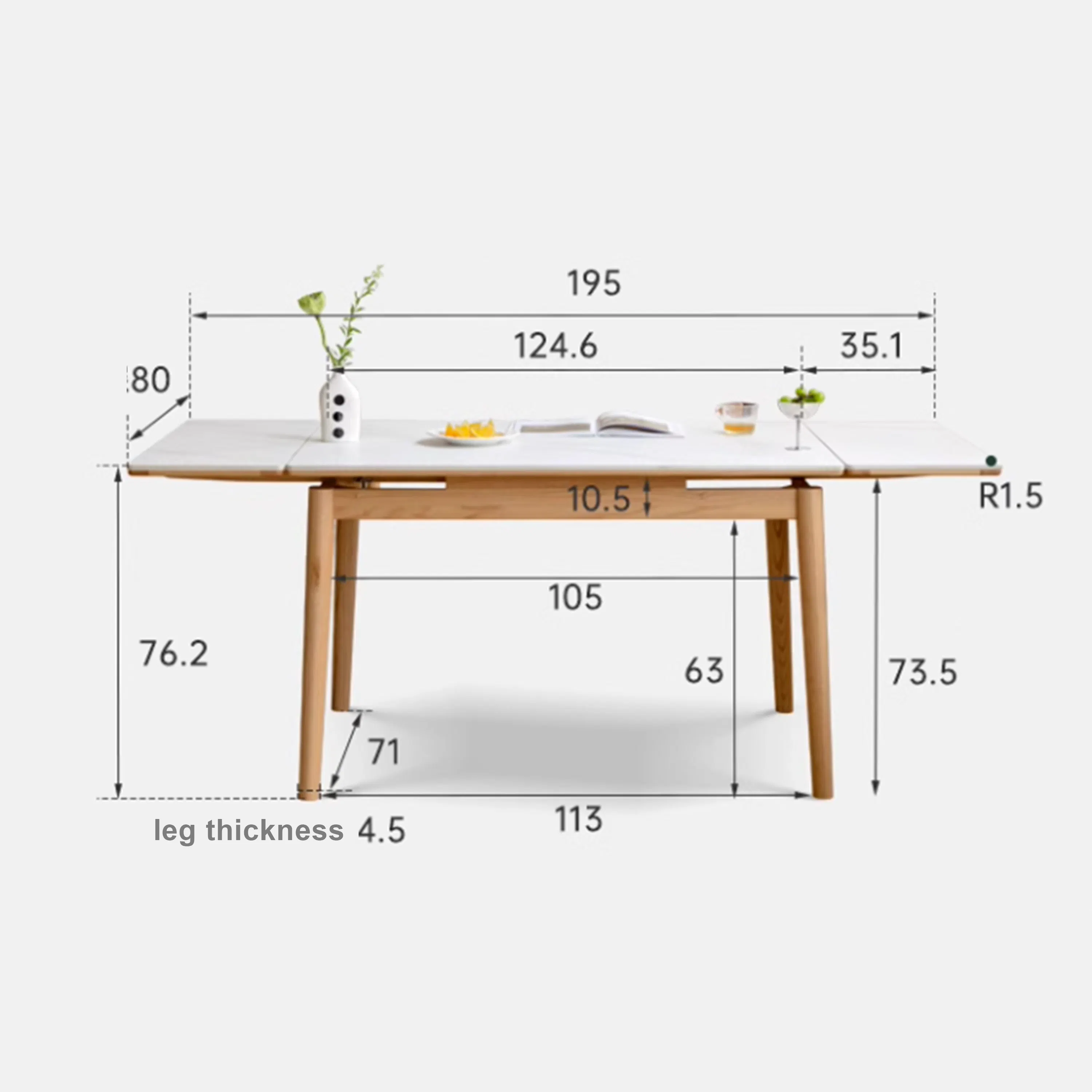 Fidela Extendable Dining Table 1.25-1.95m (Sintered Stone) - 13 - Sleek wooden table with modern design, Adjustable height