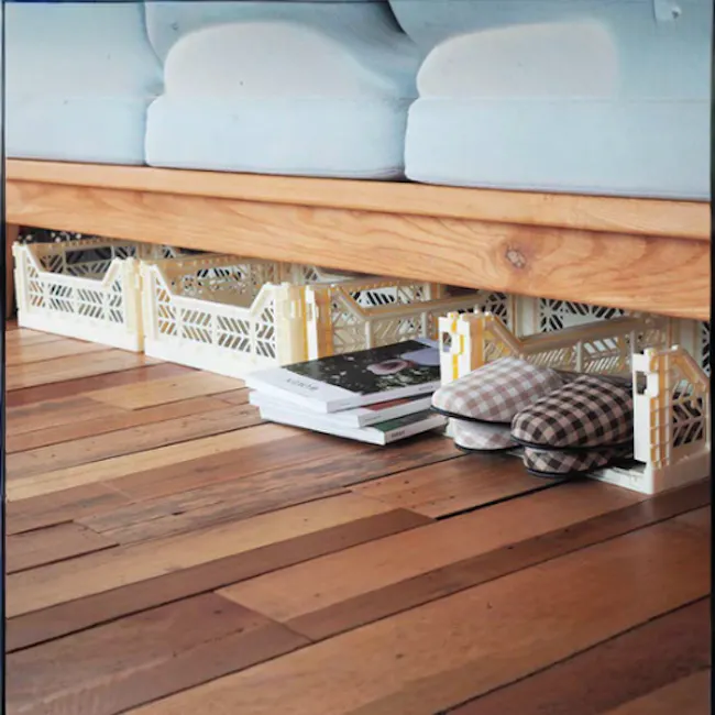 Aykasa Foldable Midibox - Milk Tea - 3 - Wooden floor, cozy seating, light blue cushions, wooden bed frame, white storage