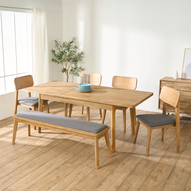Todd Extendable Dining Table 1.6m-2m with 4 Todd Cushioned Dining Chairs - 3 - Light wood dining table with gray upholstered
