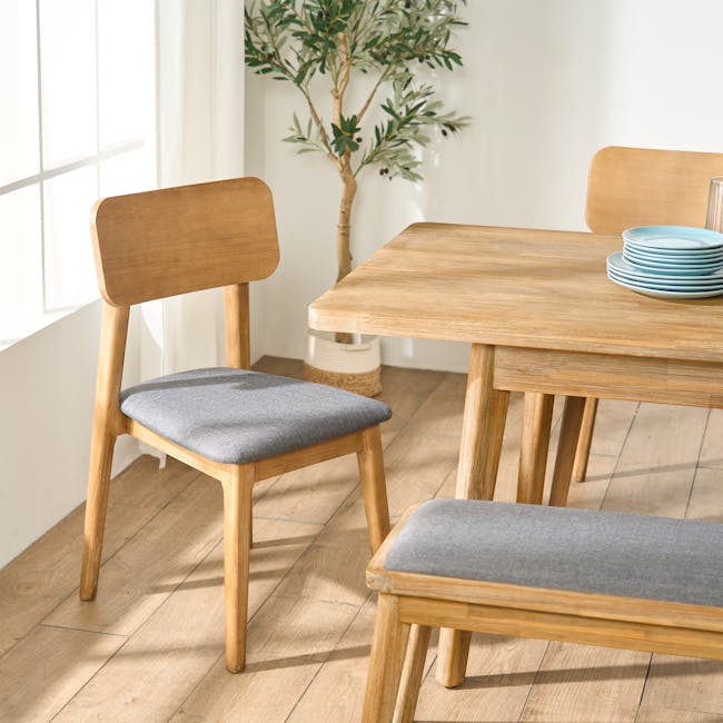 Todd Extendable Dining Table 1.6m-2m with 4 Todd Cushioned Dining Chairs - 4 - Light wood dining chairs with gray cushions