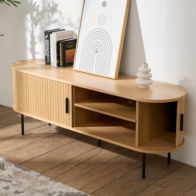 Nola TV Console 1.5m - Oak - 5 - Wooden side table, minimalist design, round shape, black metal legs, wooden floor, natural