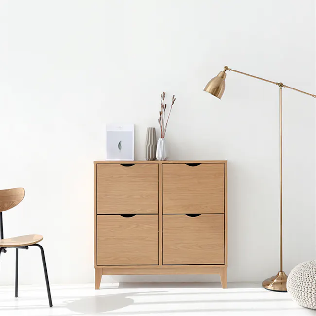 Montac Shoe Cabinet 1m - 19 - Wooden sideboard, minimalist design, light wood finish, two drawers, three compartments
