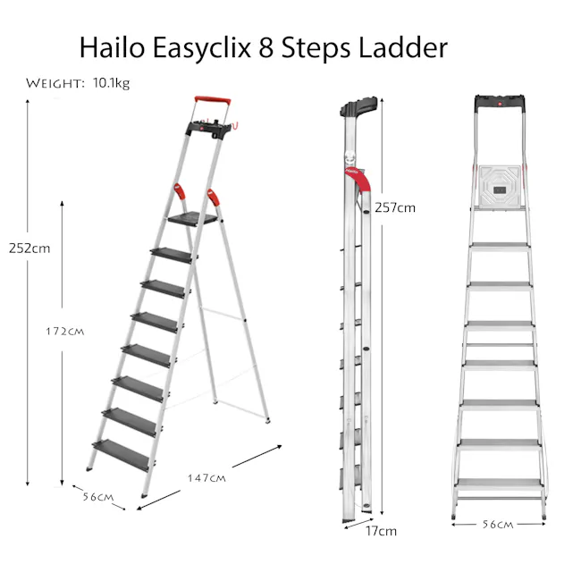 Hailo L100 Aluminium 8 Step Folding Ladder - 7 - Lightweight 1kg easyClix 8 Steps Ladder, Adjustable Reach 252cm, Adjustable