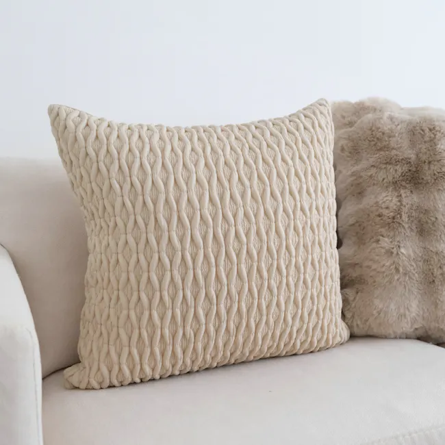Willy Woven Honeycomb Cushion - Ivory - 3 - Cream textured pillow with intricate braided pattern, beige sofa, soft cushions