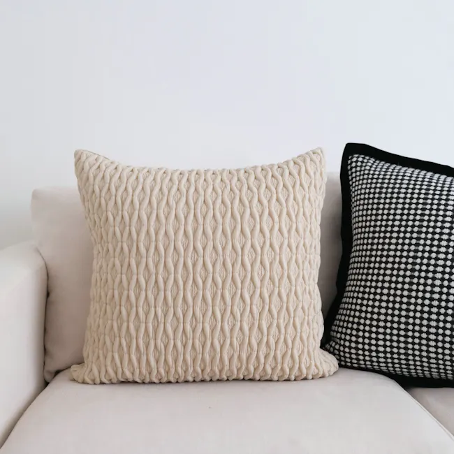 Willy Woven Honeycomb Cushion - Ivory - 5 - Cream textured pillow with intricate braided pattern, beige sofa, minimalist