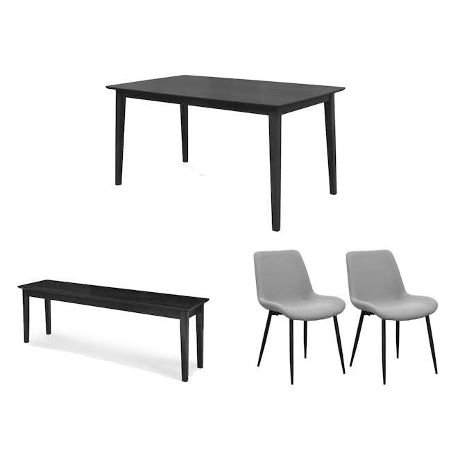 Koa Dining Table 1.5m in Black Ash with Koa Bench 1.4m in Black Ash and 2 Herman Dining Chairs in Elephant Grey - 0