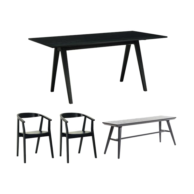 Varden Dining Table 1.7m in Black Ash with Marrim Bench 1.2m in Graphite Grey and 2 Greta Chairs in Black - 0