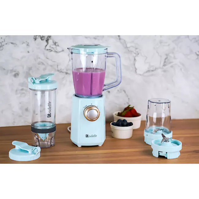 Odette Multifunction 2-Speed Table Top Personal Blender - Light Blue - 3 - Light blue blender with lid and pitcher, clear