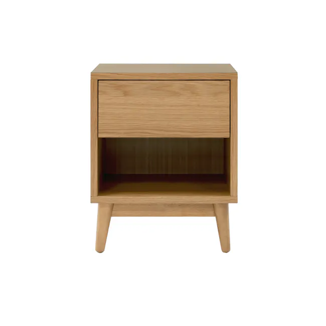 Kenzou Queen Bed in Oak, Grey Mist with 2 Kyoto Top Drawer Bedside Table in Oak - 12 - Wooden side table, minimalist design