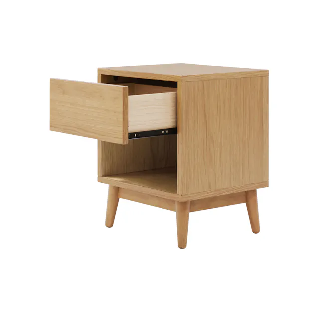 Kenzou Queen Bed in Oak, Grey Mist with 2 Kyoto Top Drawer Bedside Table in Oak - 15 - Light wood cabinet with open drawer