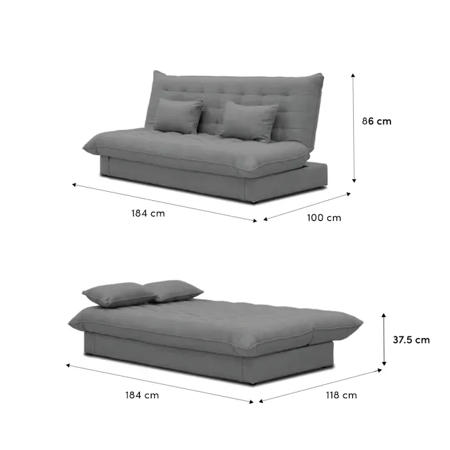Tessa 3 Seater Storage Sofa Bed - Charcoal (Eco Clean Fabric) - 7 - Grey upholstered sofa, 184 cm in height, 100 cm in