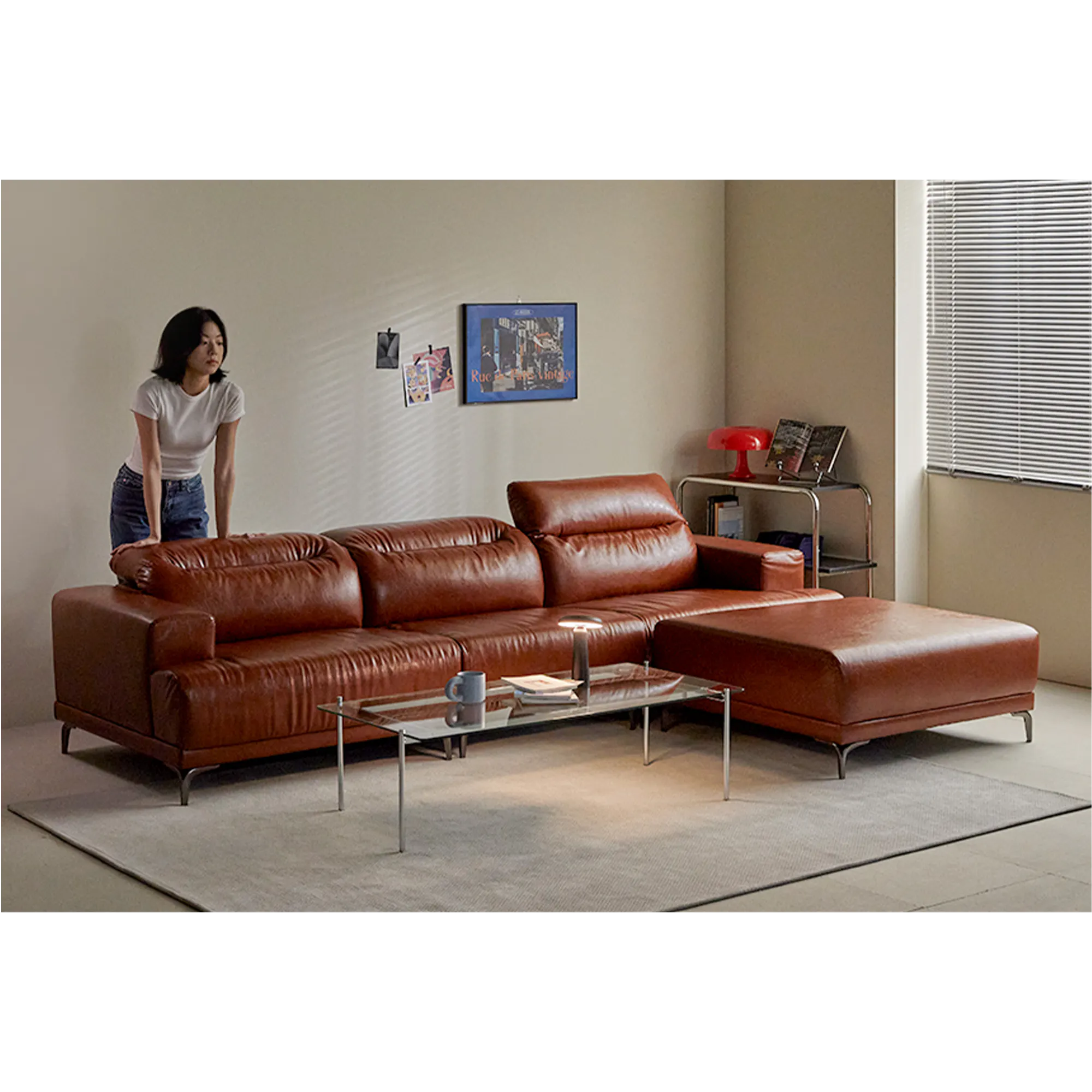 Lorney 3 Seater Sofa with Adjustable Headrest - Camel (Faux Leather) - 125
