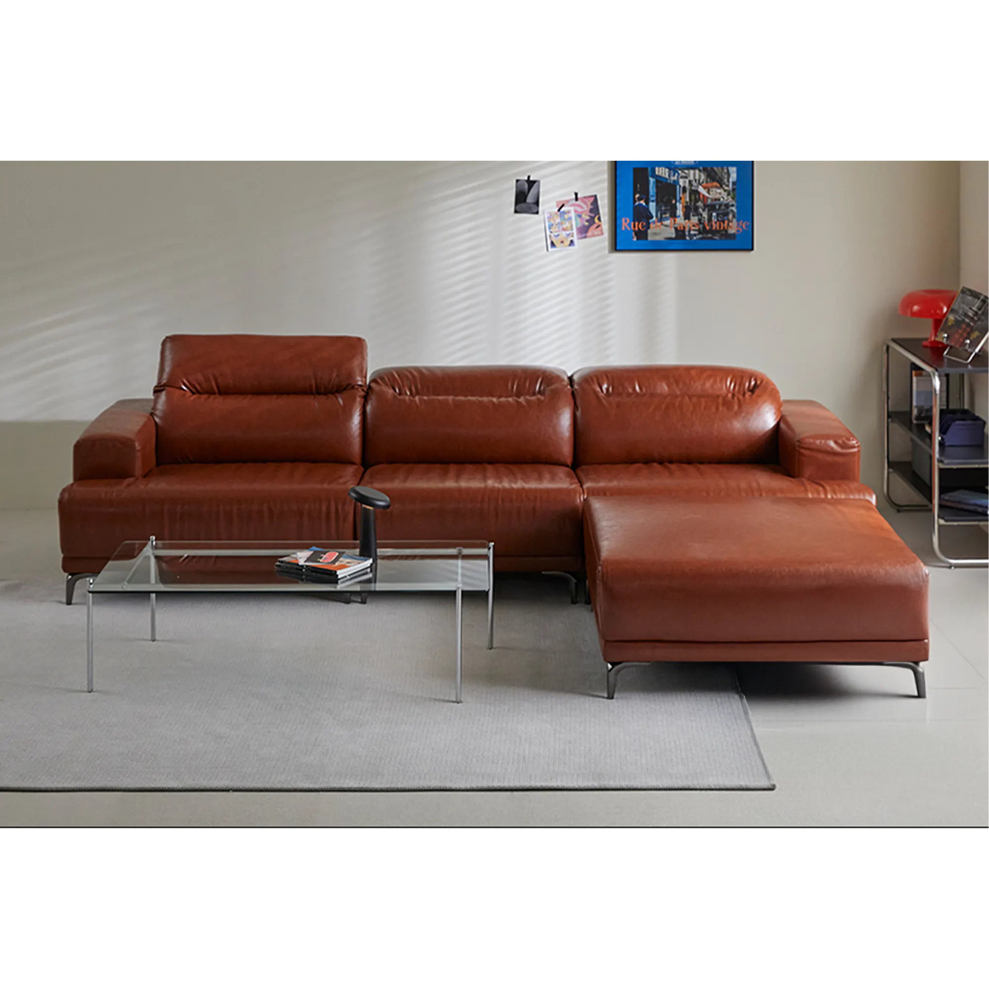 Lorney 3 Seater Sofa with Adjustable Headrest - Camel (Faux Leather) - 126
