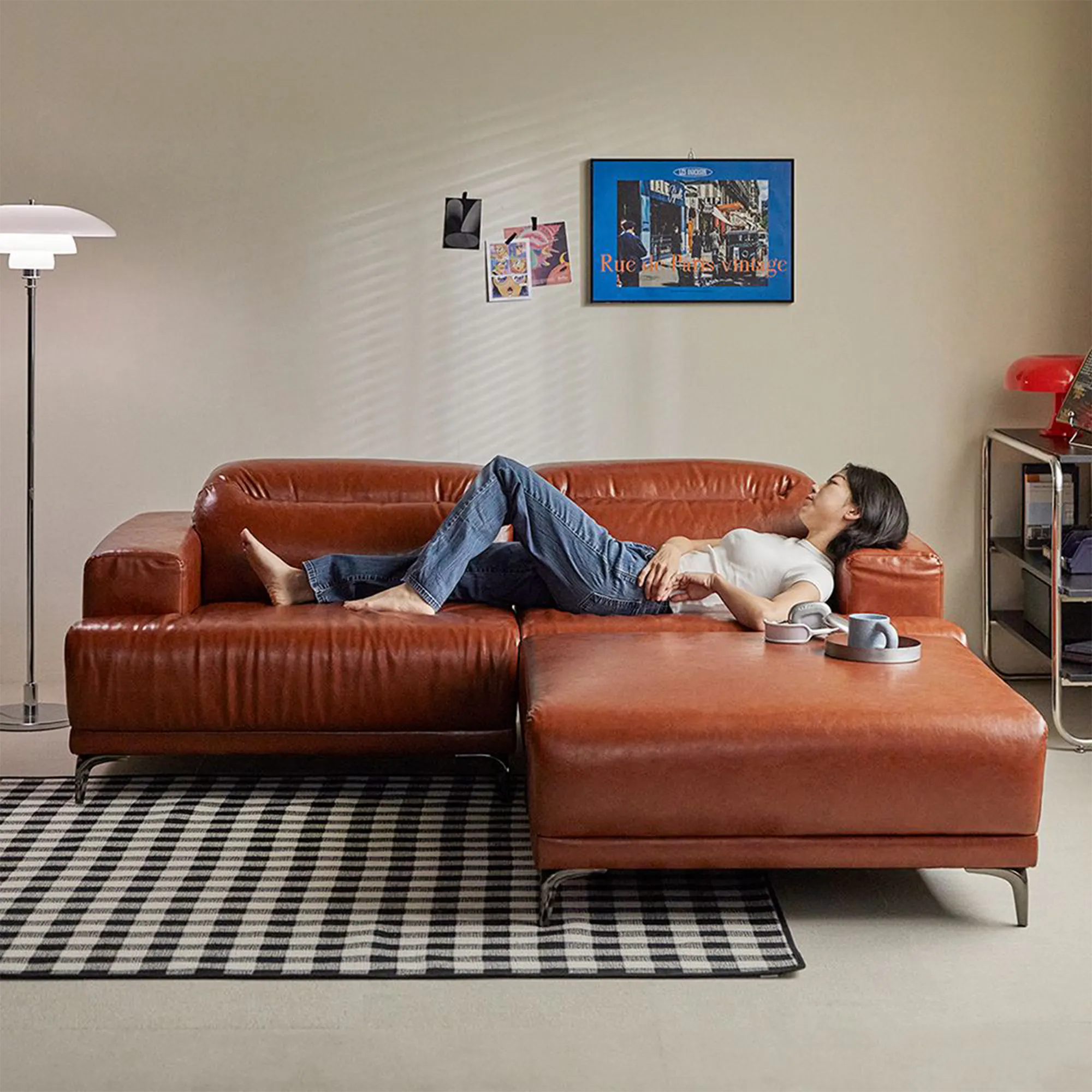 Lorney 3 Seater Sofa with Adjustable Headrest - Camel (Faux Leather) - 136