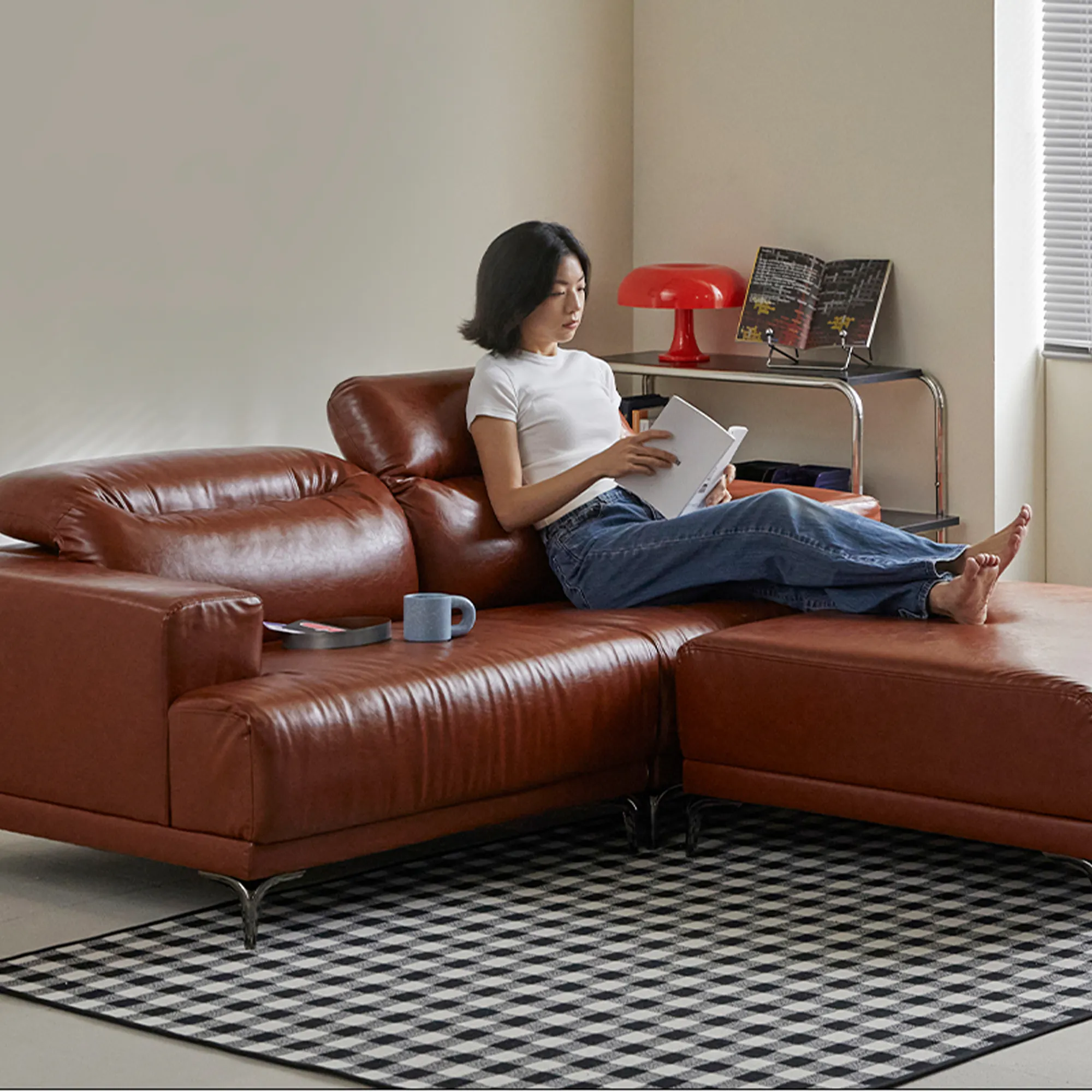Lorney 3 Seater Sofa with Adjustable Headrest - Camel (Faux Leather) - 58