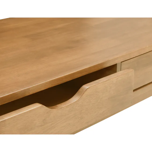 Lamar Twin Drawer Coffee Table - Oak - 8 - Wooden desk with smooth surface, minimalist design, natural wood grain, soft