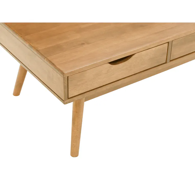 Lamar Twin Drawer Coffee Table - Oak - 7 - Wooden side table with clean lines, light brown finish, four legs, drawer