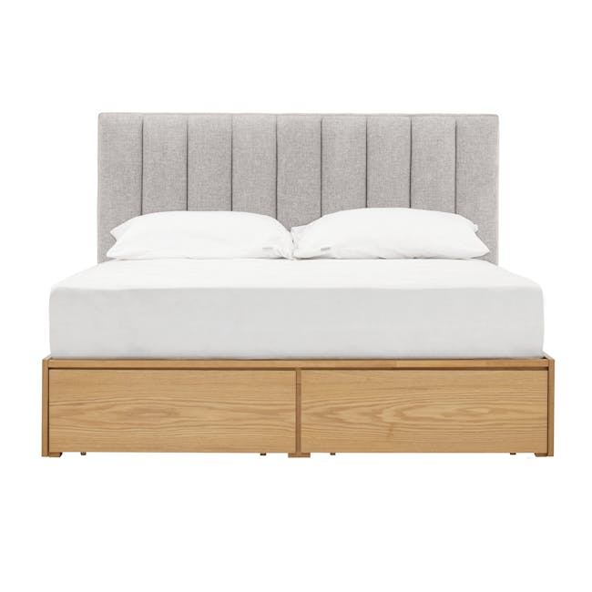 Zephyr 4 Drawer Queen Bed in Oak, Grey Mist with 2 Kyoto Single Shelf Slim Bedside Table in Oak - 5 - Modern minimalist bed