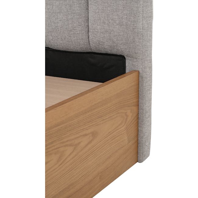 Zephyr 4 Drawer Queen Bed in Oak, Grey Mist with 2 Kyoto Single Shelf Slim Bedside Table in Oak - 12 - Grey upholstered