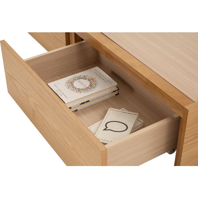 Zephyr 4 Drawer Queen Bed in Oak, Grey Mist with 2 Kyoto Single Shelf Slim Bedside Table in Oak - 13 - Wooden drawer, open