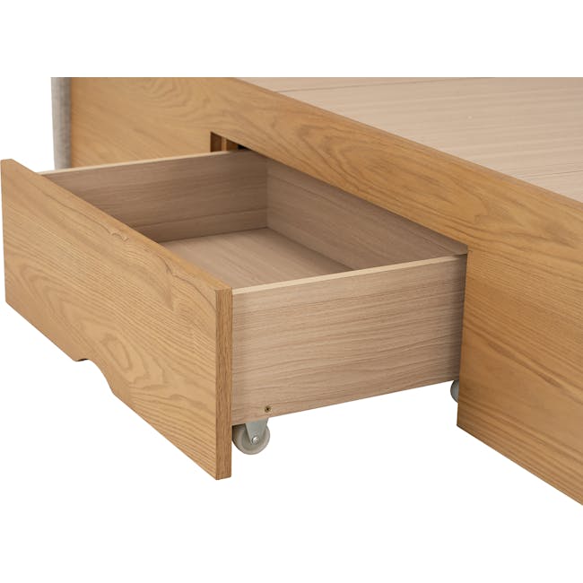 Zephyr 4 Drawer Queen Bed in Oak, Grey Mist with 2 Kyoto Single Shelf Slim Bedside Table in Oak - 14 - Wooden drawer unit