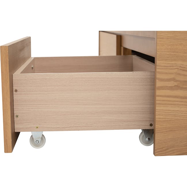 Zephyr 4 Drawer Queen Bed in Oak, Grey Mist with 2 Kyoto Single Shelf Slim Bedside Table in Oak - 15 - Wooden drawer unit