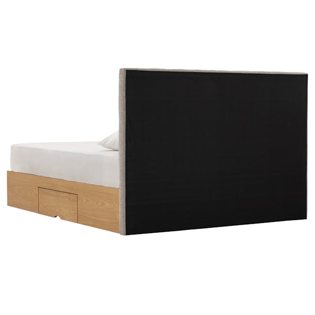 Zephyr 4 Drawer Queen Bed in Oak, Grey Mist with 2 Kyoto Single Shelf Slim Bedside Table in Oak - 16 - Modern minimalist bed